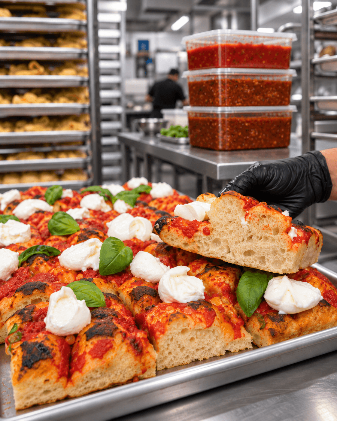 Spaghetto kitchen staff plating burrata-topped focaccia, with fresh pasta shelving and house tomato sauce in the background